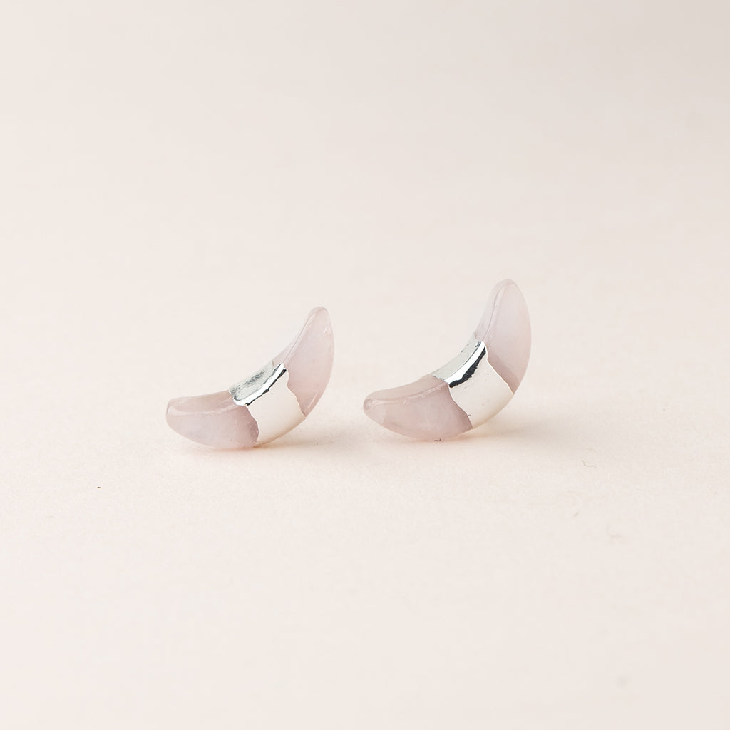 Crescent Moon Rose Quartz/Silver Studs