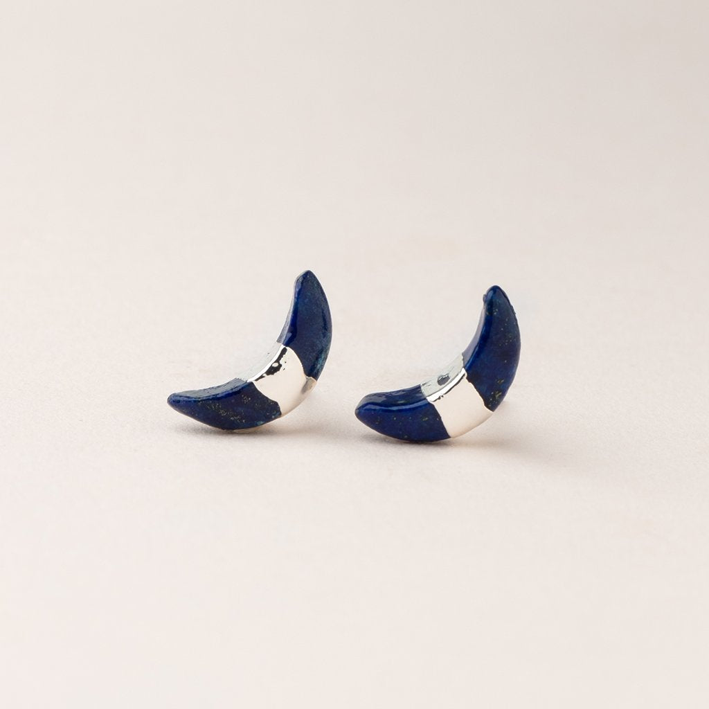 Crescent Moon Lapis/Silver Studs