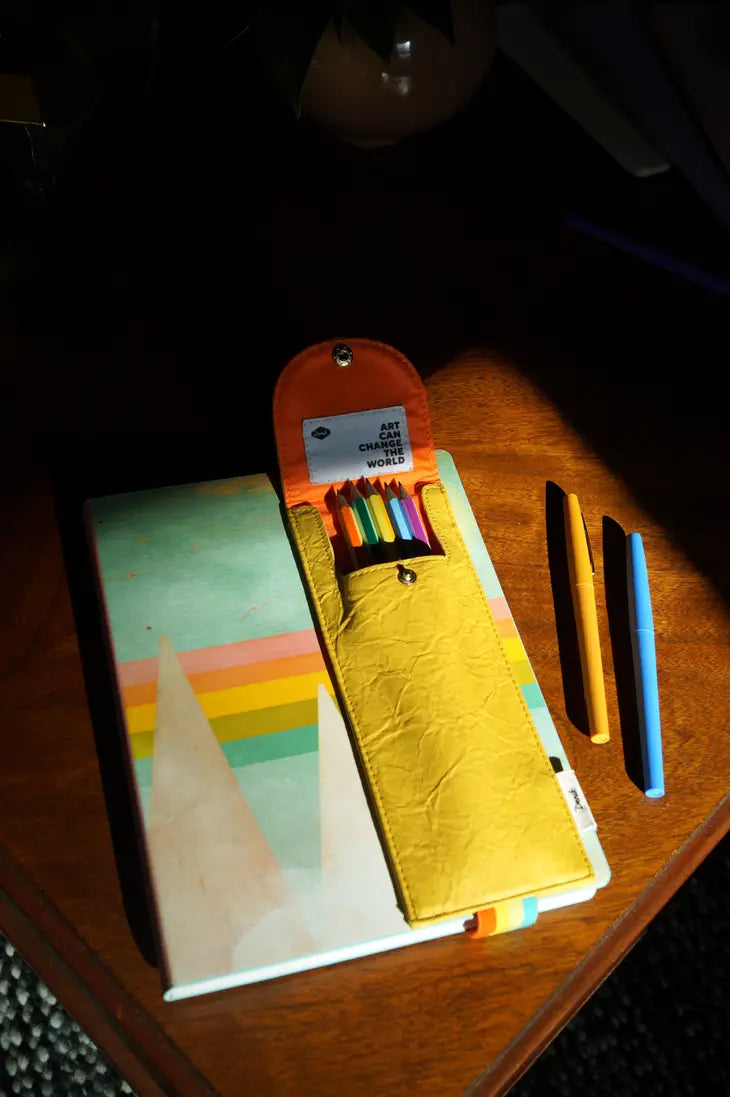 Yellow Crinkle Lined Vegan Leather Pouch w/ Elastic Loop