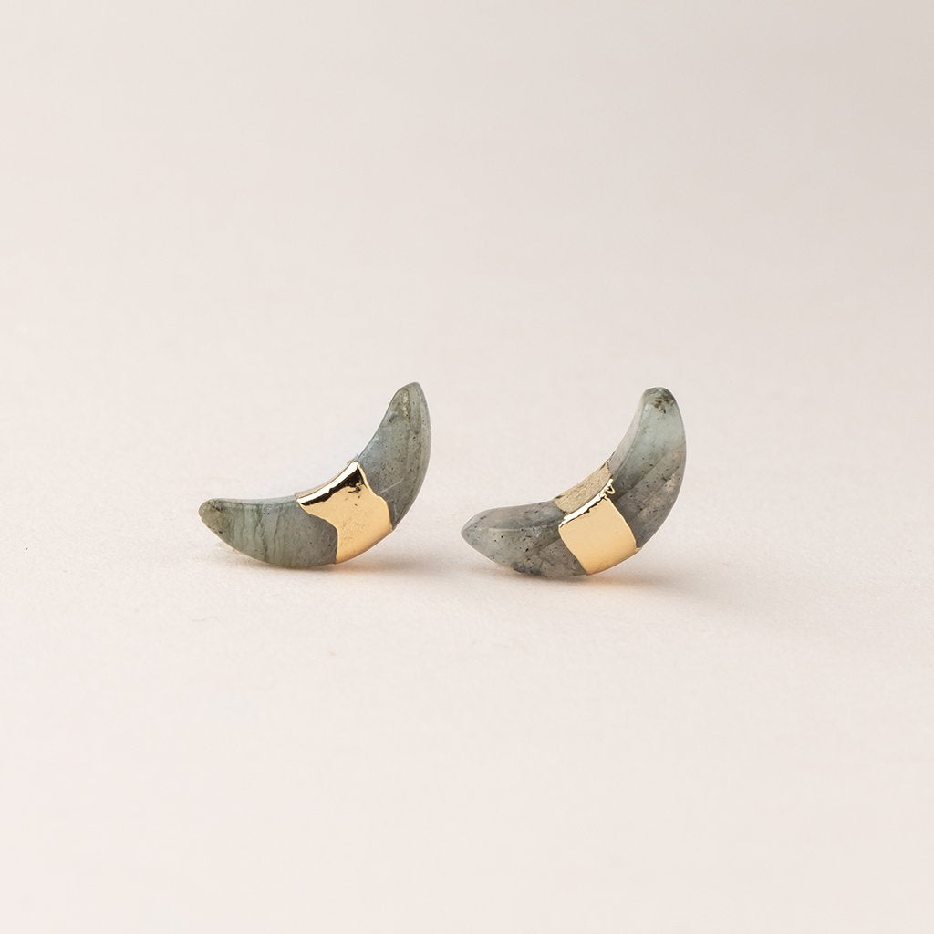 Crescent Moon Labradorite/Gold Studs