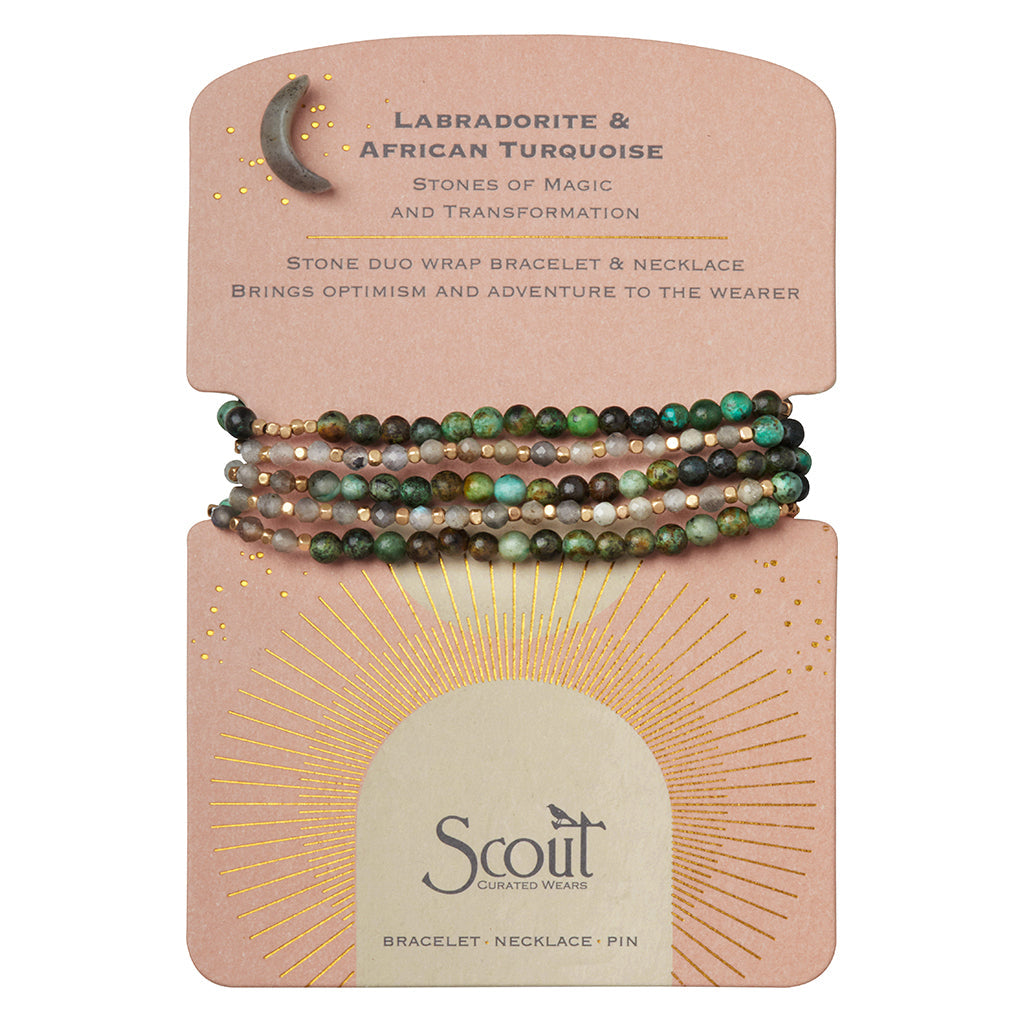 Labradorite & African Turquoise/Gold Duo Wrap Bracelet/Necklace/Pin