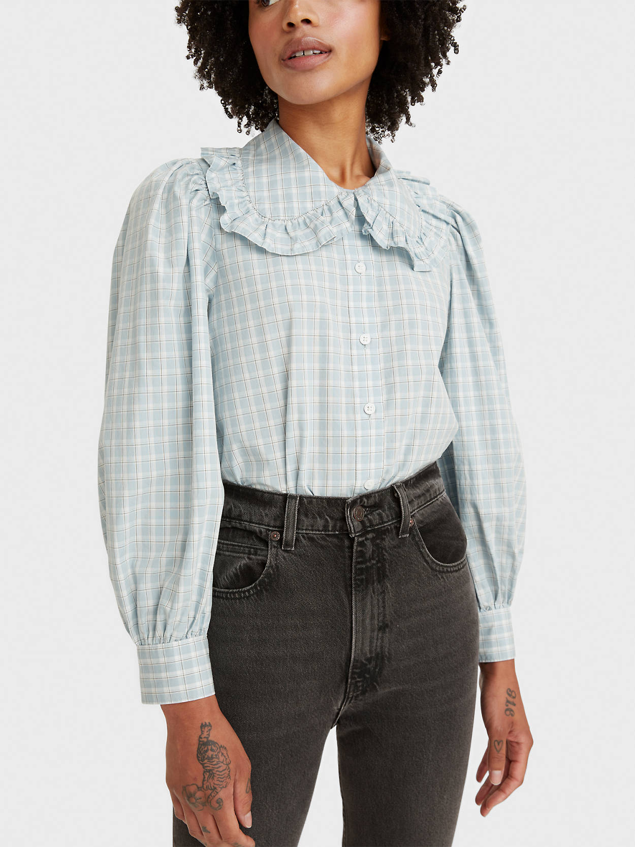 Emilie Button Up Blouse - Soren Plaid Celestial Blue