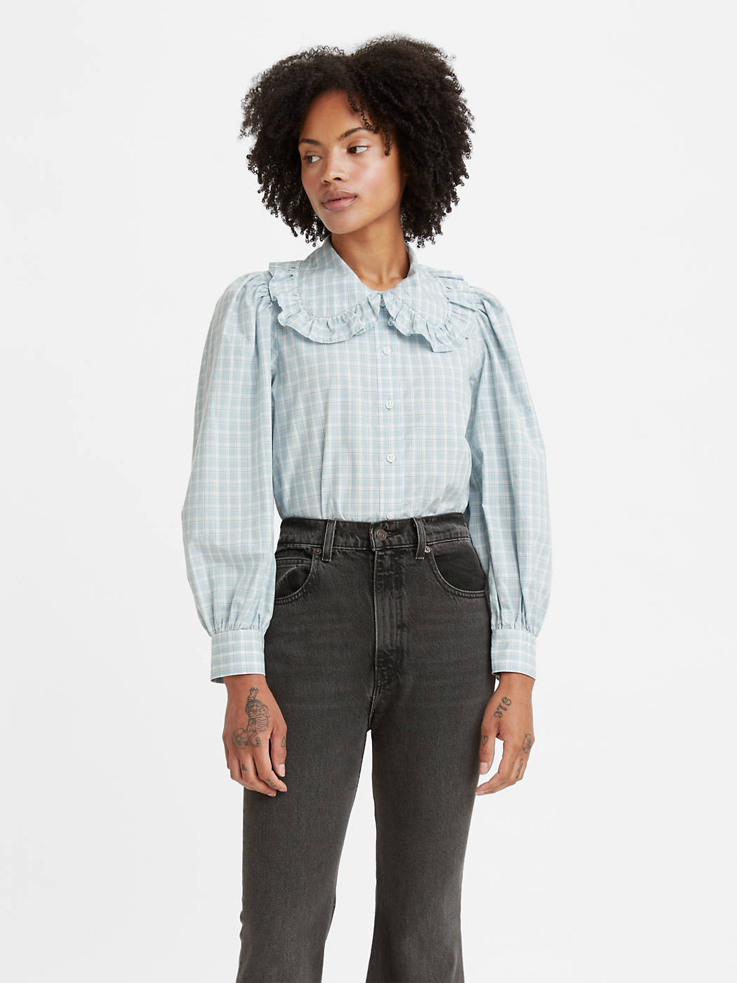 Emilie Button Up Blouse - Soren Plaid Celestial Blue