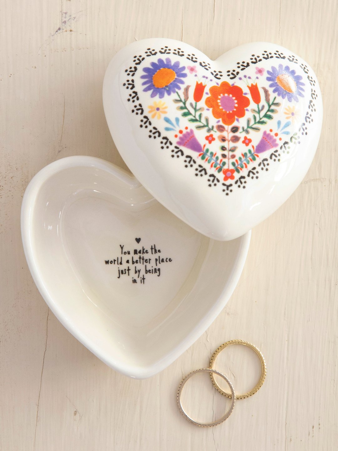 Natural Life Folk Flowers Heart Trinket Box