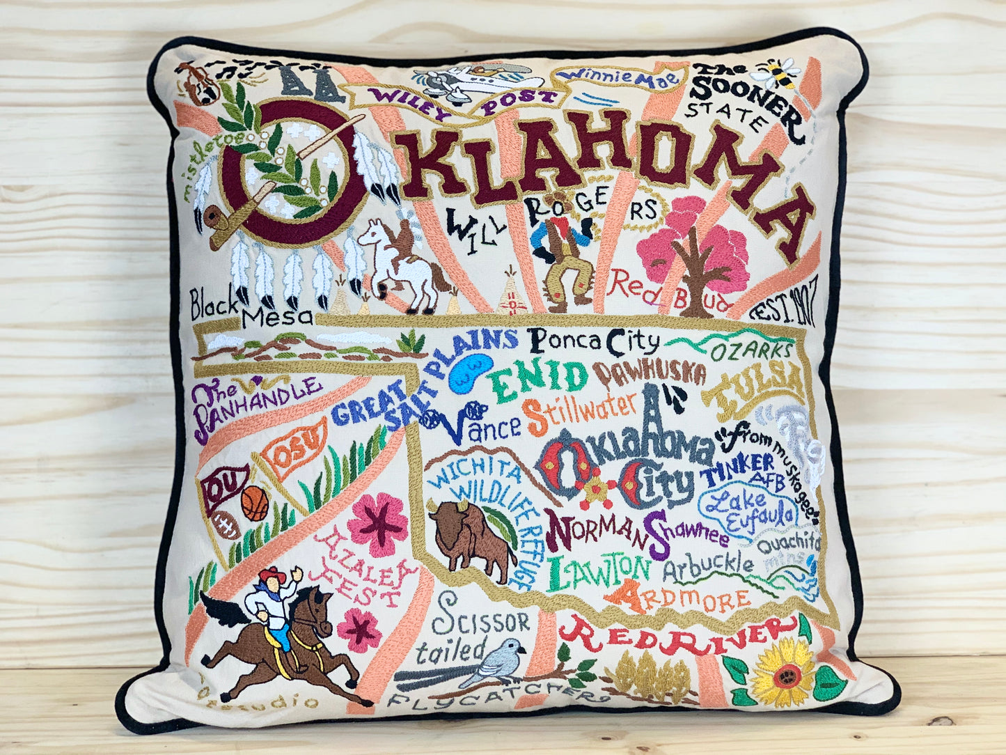 Oklahoma Hand-Embroidered Pillow