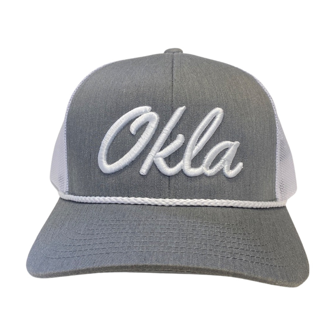 Okla Raised Embroidered Script Hat - Grey/White