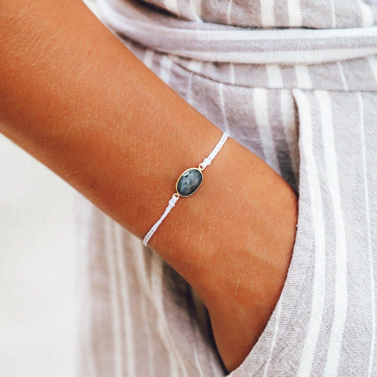 Gold Oval Labrodite Bracelet - White