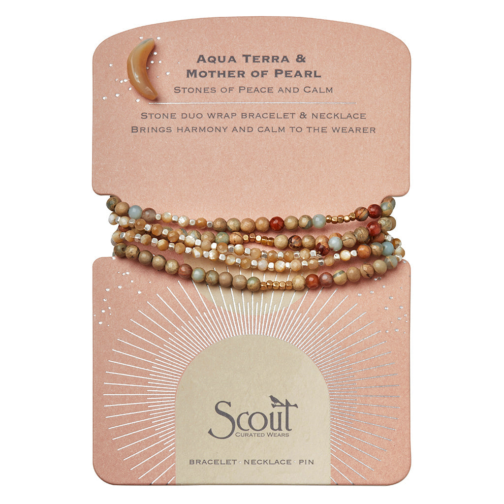 Aqua Terra & Mother of Pearl/Gold & Silver Duo Wrap Bracelet/Necklace/Pin