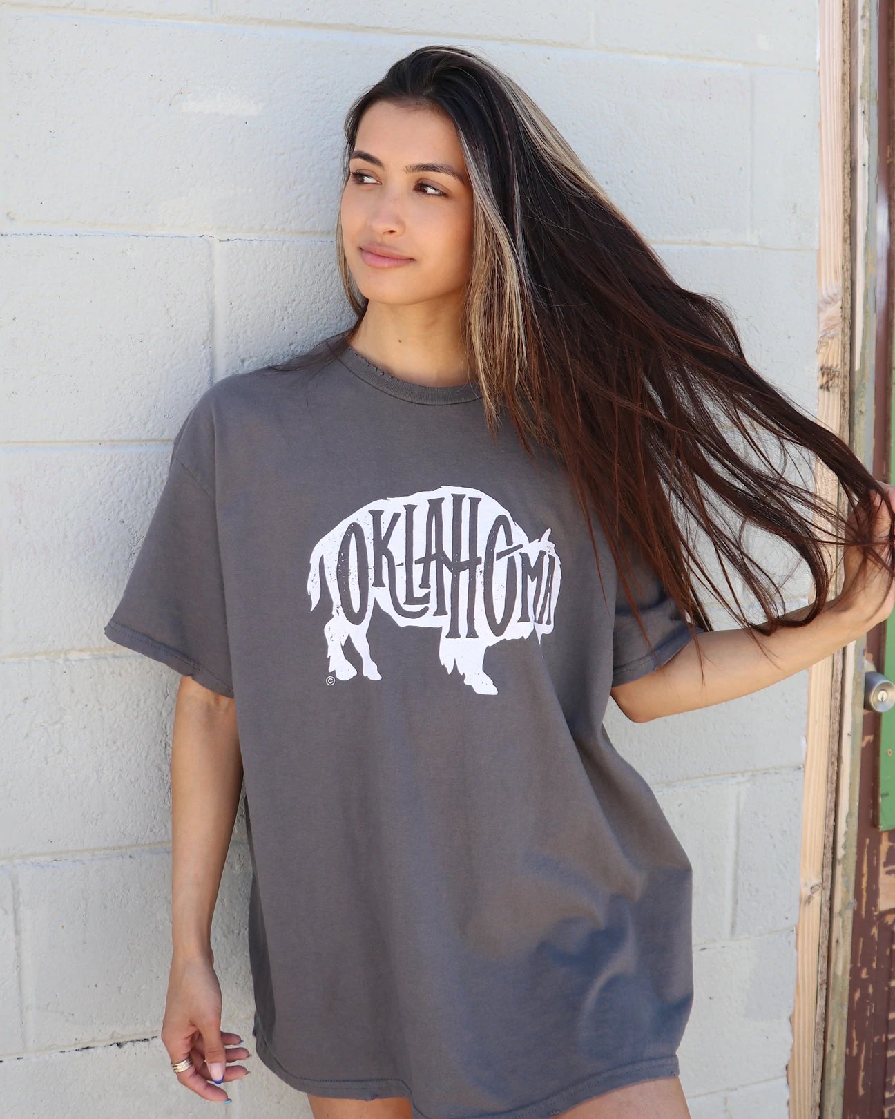 Bison Oklahoma Thrifted Tee - Off Black