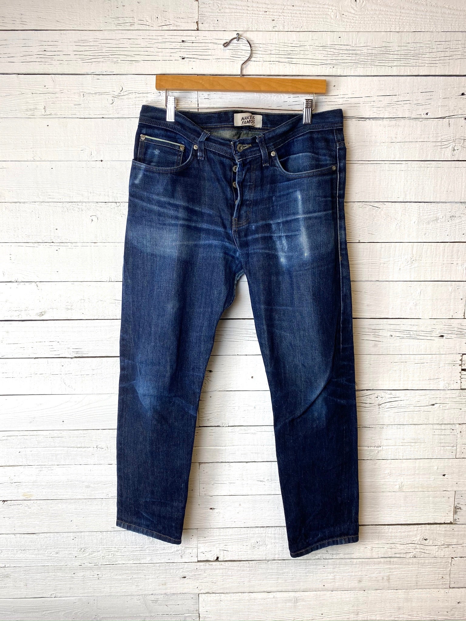 Worn in Naked and Famous: Weird Guy Green Tea Dyed Selvedge – Blue Seven