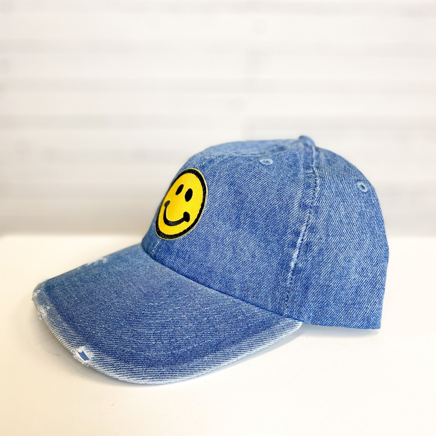 Smiley Face Distressed Denim Hat