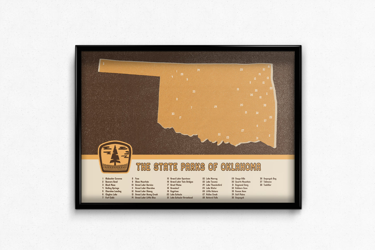 Oklahoma State Parks Map Poster - Brown/Yellow