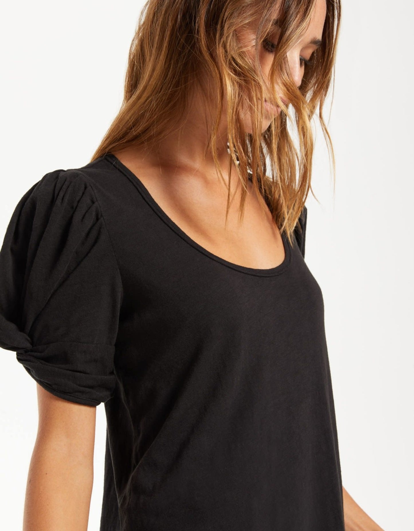 Indi Slub Puff Sleeve Dress - Black
