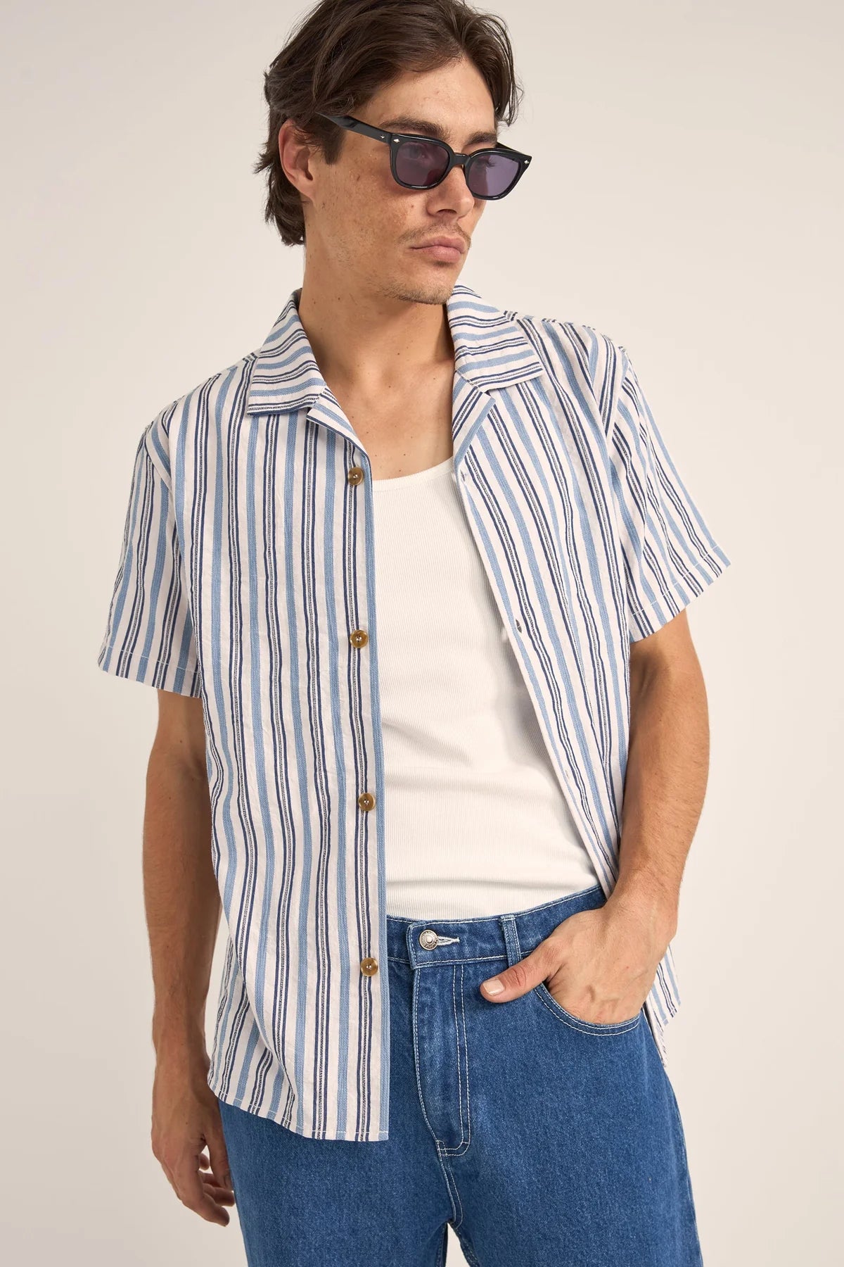 Vacation Stripe Ss Shirt - Blue