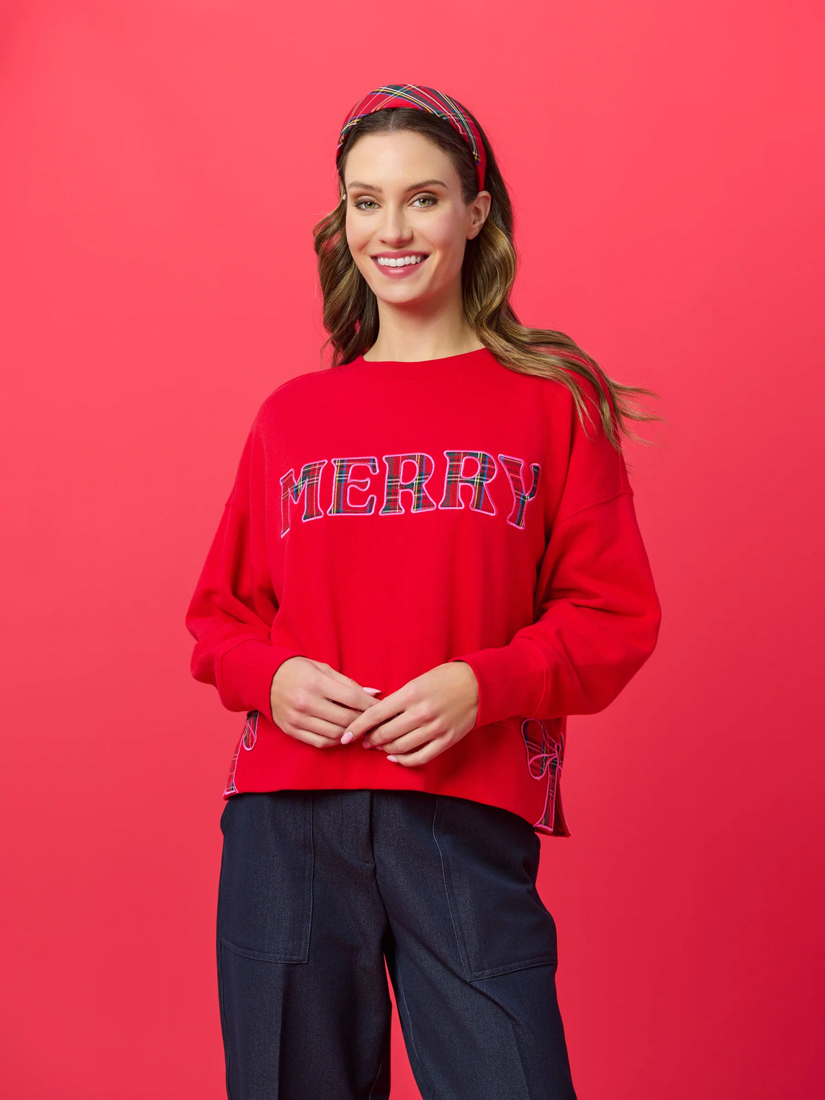 Plaid Merry Relaxed Sweatshirt - Red