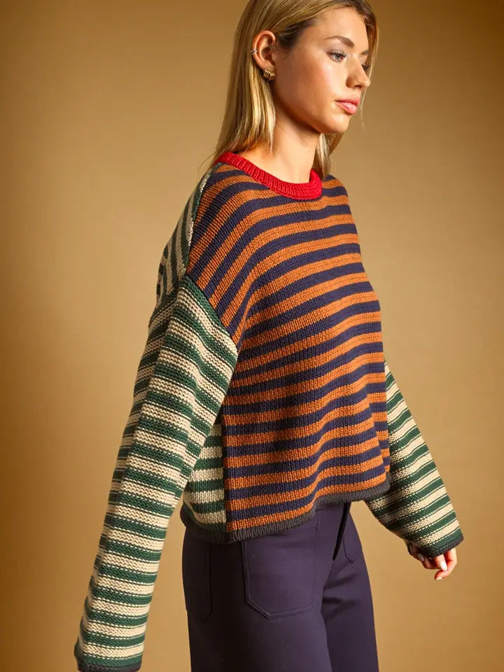 Stripe Multi Color Knit L/S Top -  Brown/Navy