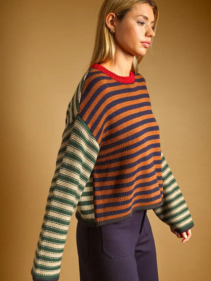Stripe Multi Color Knit L/S Top -  Brown/Navy