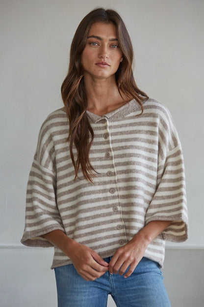 Striped Quarter Sleeve Cardigan - Taupe