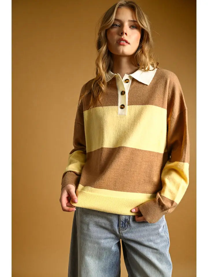 Color Block Collared Sweater - Butter/Brown