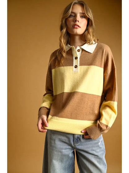 Color Block Collared Sweater - Butter/Brown