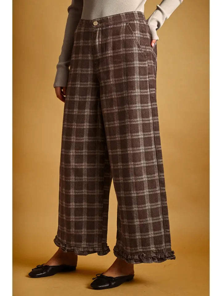 Plaid Ruffle Pants - Chocolate