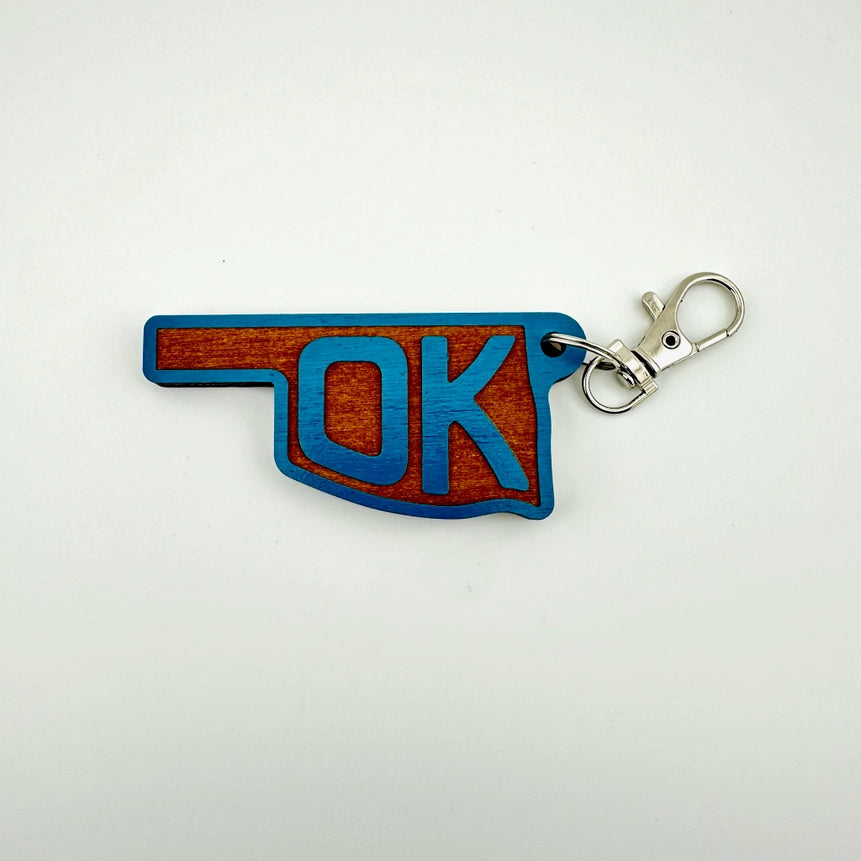 OK State Wooden Keychain - Dusty Blue