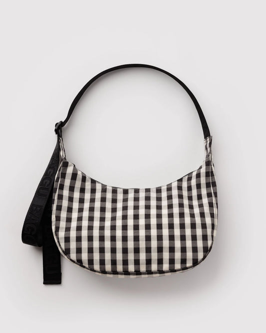 Medium Nylon Crescent Bag - Black & Cream Gingham