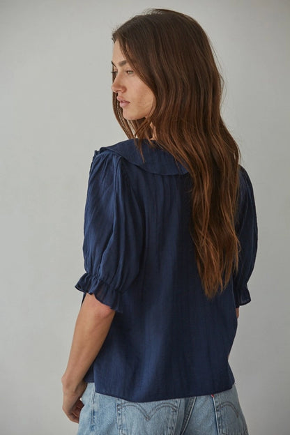 Ruffle V-Neck Top - Navy