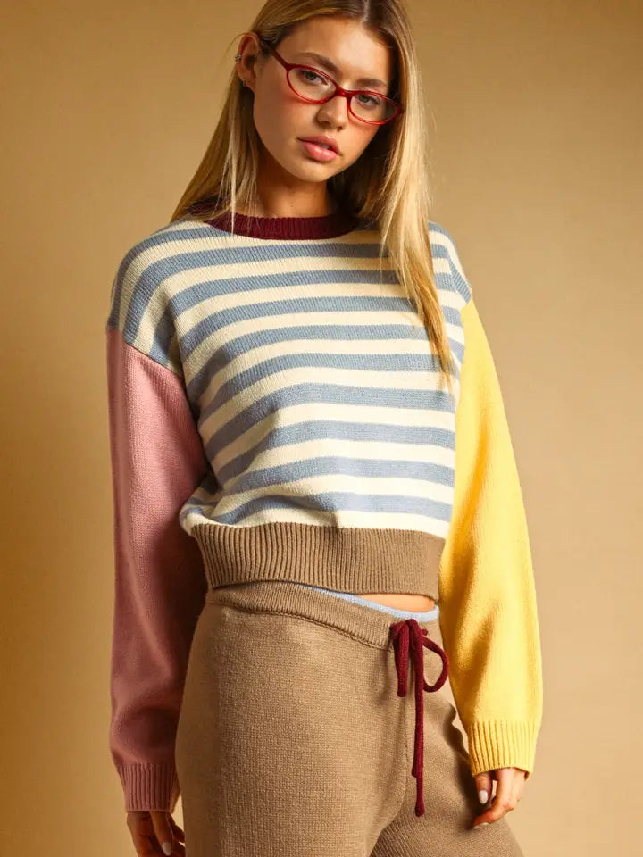 Striped Pink & Yellow Sleeves Sweater - Blue Multi