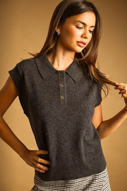 Sleeveless Polo Sweater Top