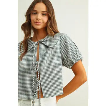 Gingham Sailor Tie Top - Blue