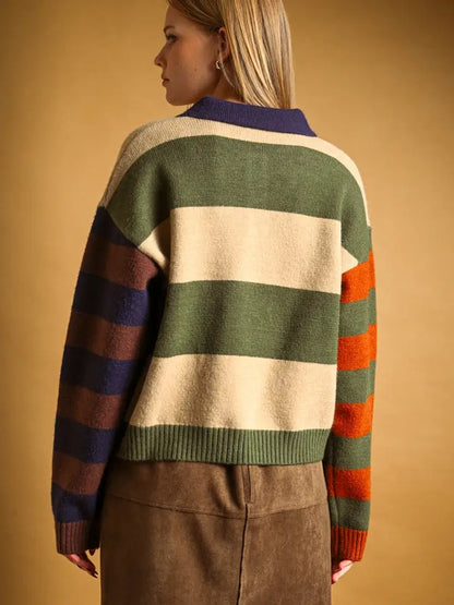 Autumn L/S Polo Knit Top - Brown Multi