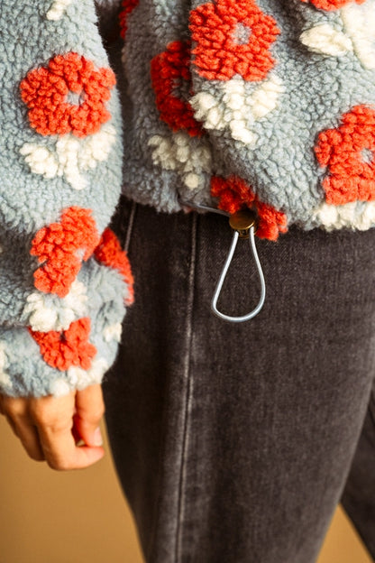 Flower Pattern Sherpa Jacket - Blue/Rust