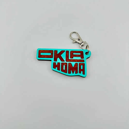 OK State Fill Wooden Keychain - Turquoise