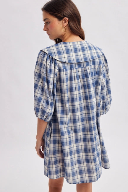 Peter Pan Collar Plaid Mini Dress - Blue