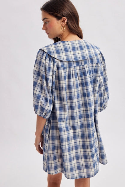 Peter Pan Collar Plaid Mini Dress - Blue