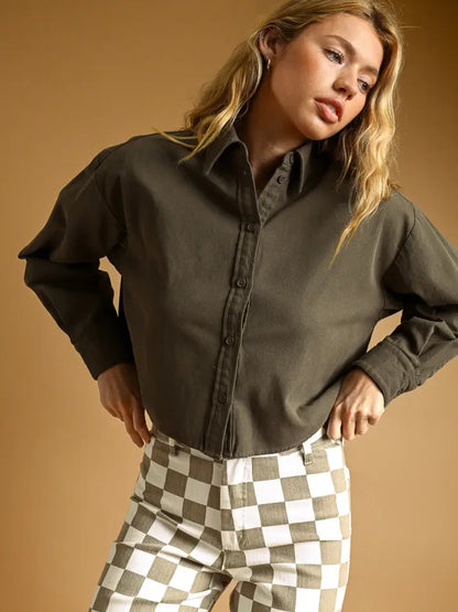 L/S Button Down Crop - Charcoal