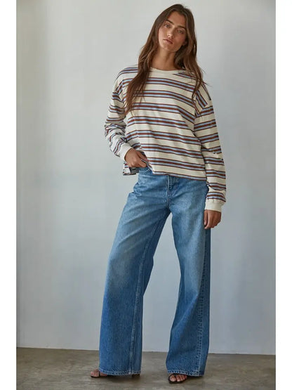 Stripe Crew Neck L/S Tee - Blue Camel