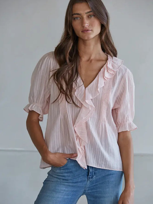 Ruffle V-Neck Top - Baby Pink
