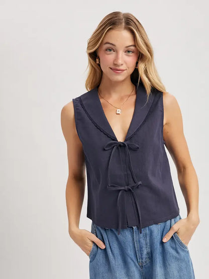 Linen Front Tie Sleeveless Top - Navy