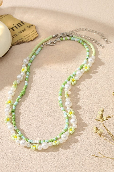 Double Layer Pearl Beaded Flower Necklace