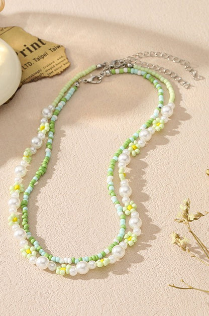 Double Layer Pearl Beaded Flower Necklace
