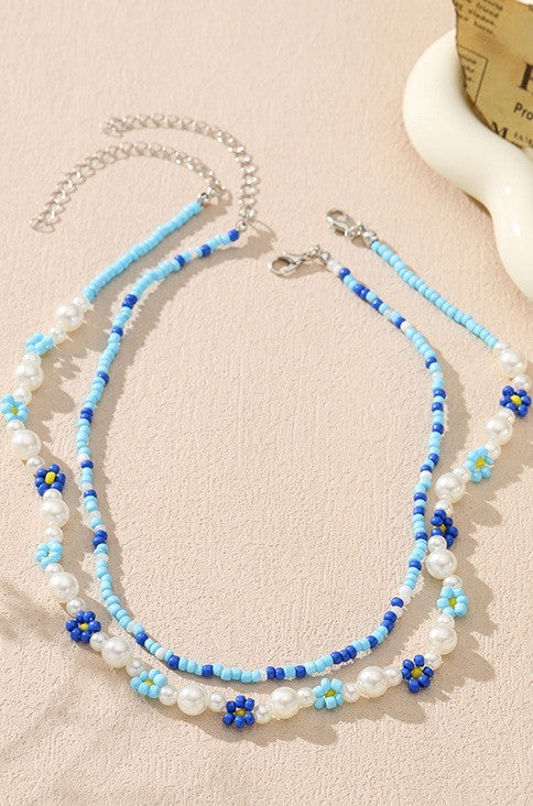 Double Layer Pearl Beaded Flower Necklace