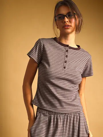 Double Striped Half Snap Top - Brown