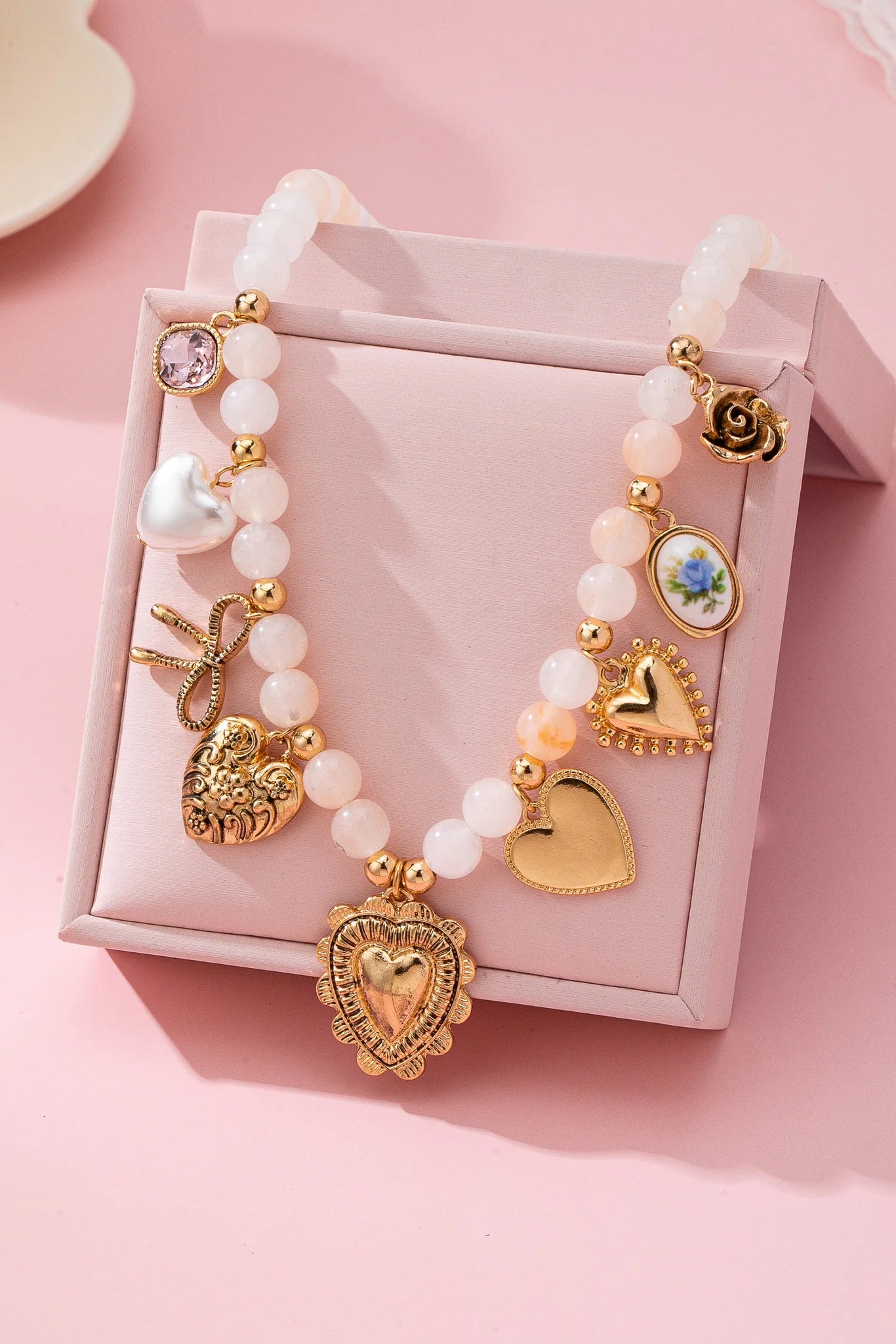 White Beaded Porcelain Heart Charm Necklace