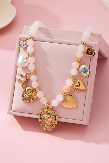 White Beaded Porcelain Heart Charm Necklace