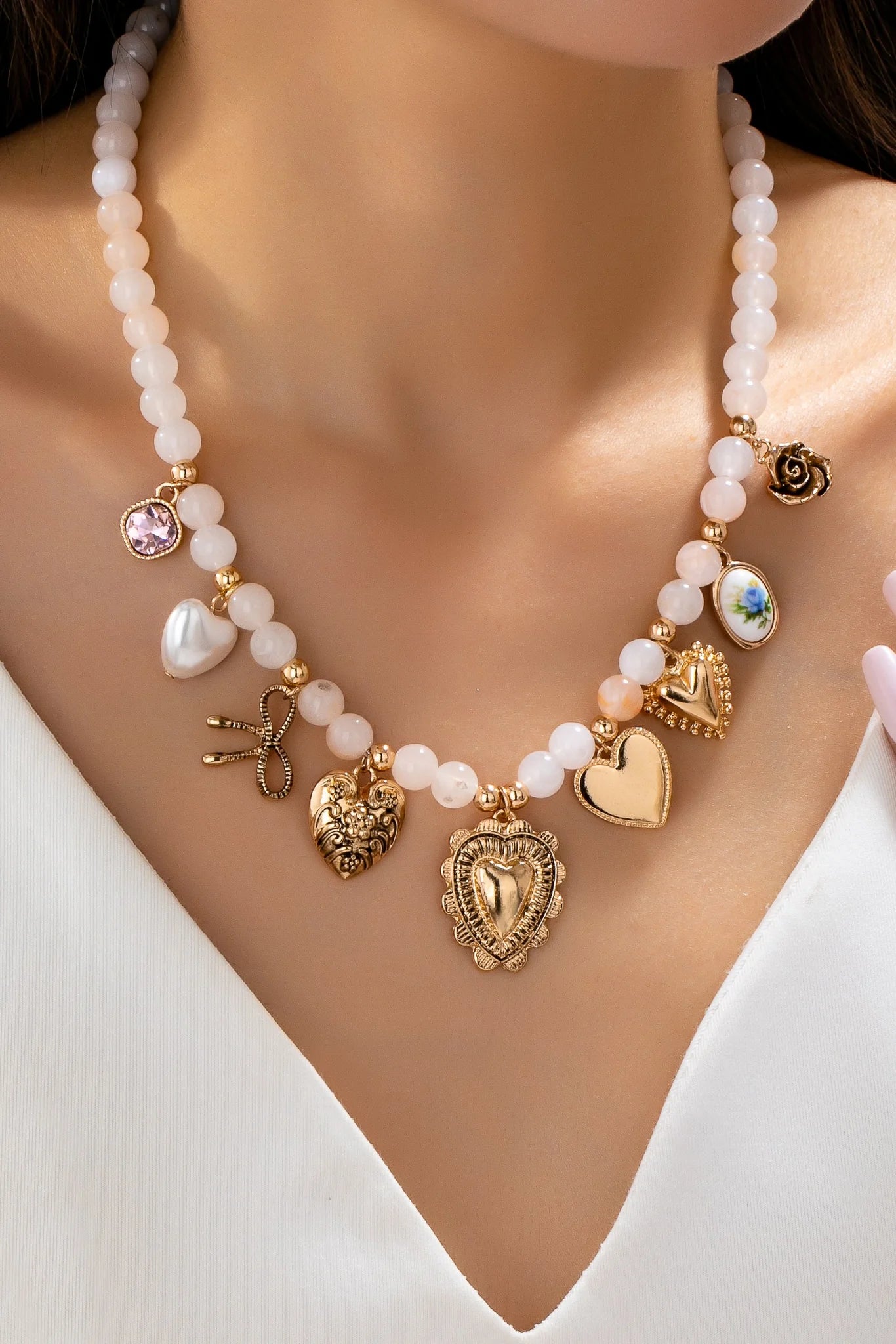 White Beaded Porcelain Heart Charm Necklace