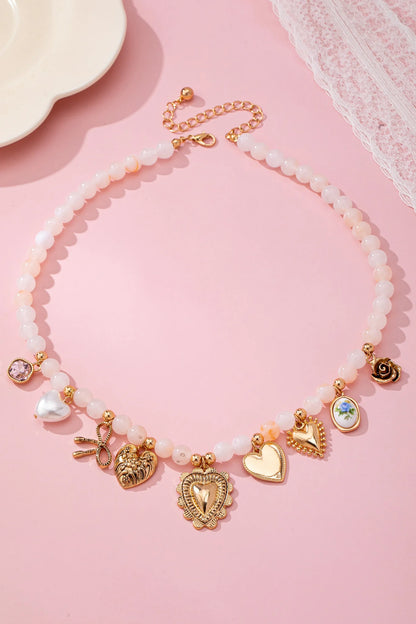 White Beaded Porcelain Heart Charm Necklace