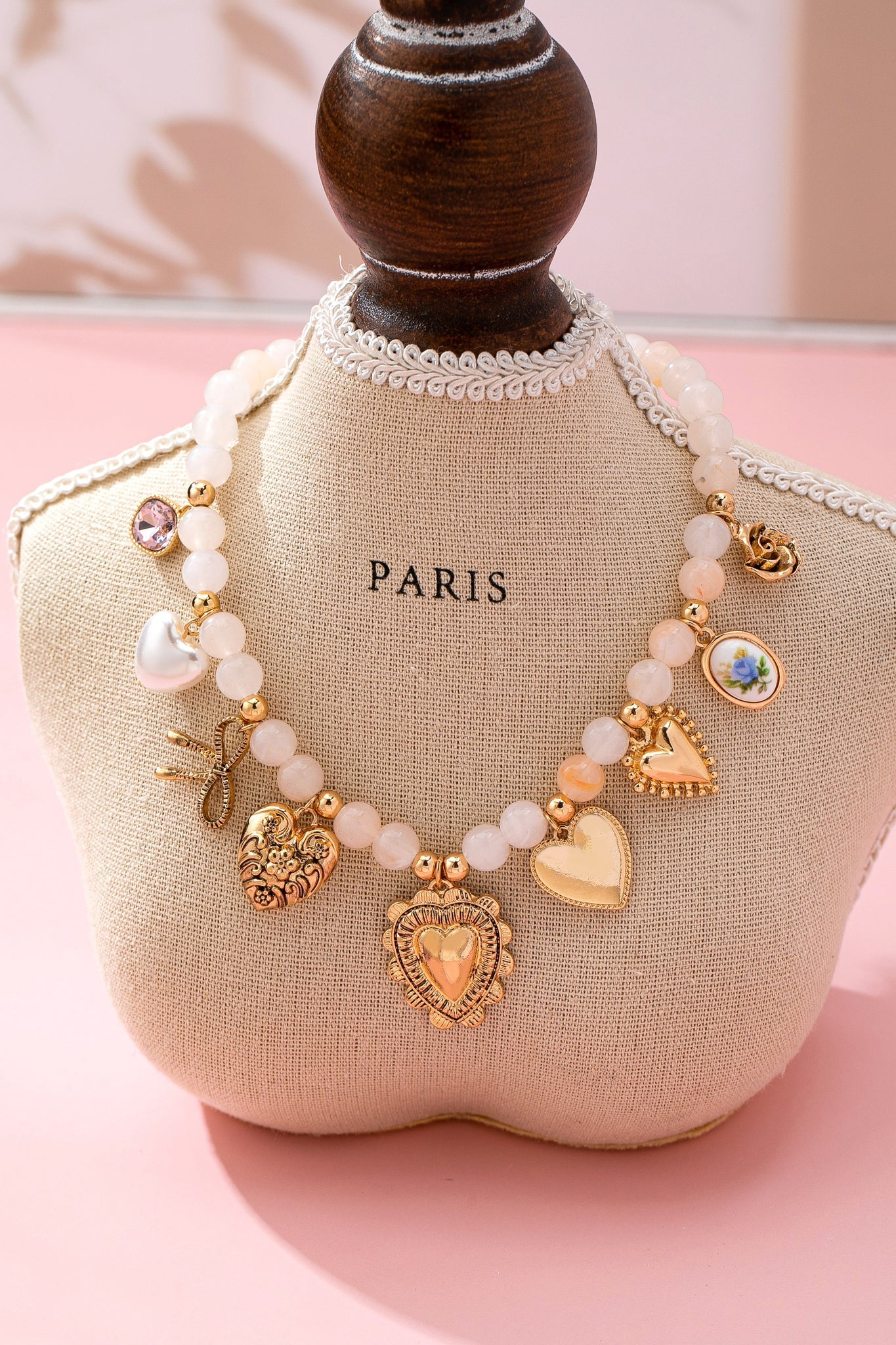 White Beaded Porcelain Heart Charm Necklace