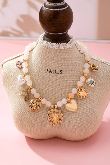 White Beaded Porcelain Heart Charm Necklace